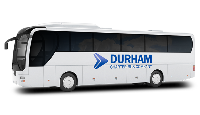 a plain white charter bus with a "Durham Charter Bus Company" logo